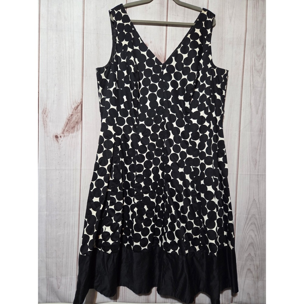 Jones Wear Dress Womens 22W Black White Polka Dot V-Neck Sleeveless A-Line Lined